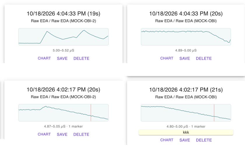 Session history cards with small EDA plots