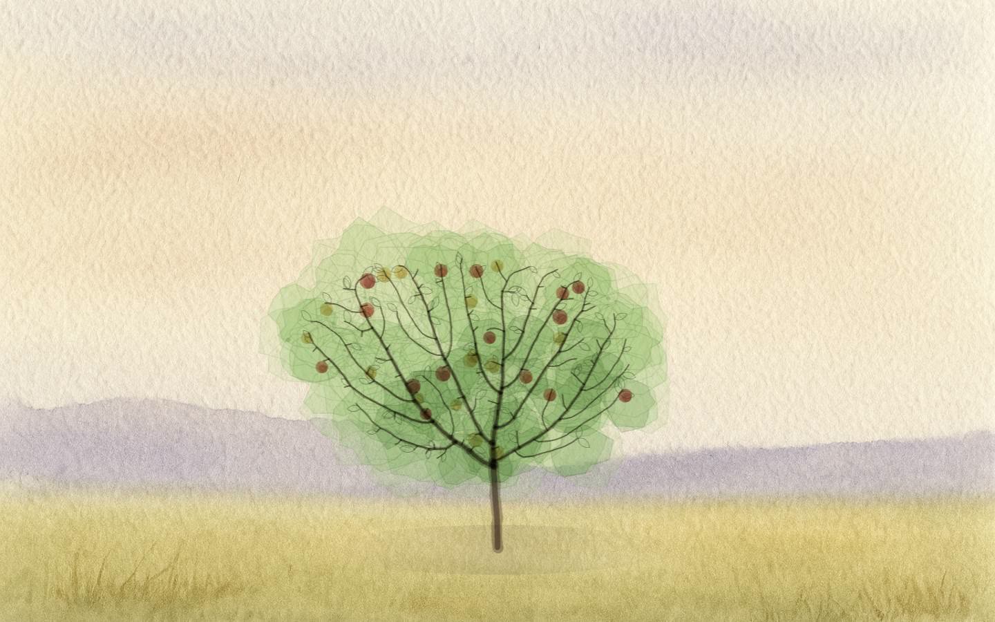 A watercolour apple tree on a golden meadow